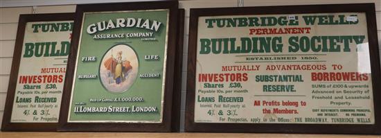 A Guardian Assurance advertising sign and two Tunbridge Wells Permanent Building Society signs largest 57 x 87cm